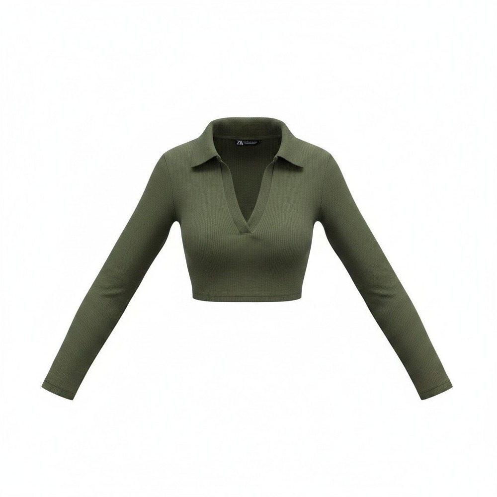 Zara Crop Top Women Size S Green Excellent Long Sleeve‎ Ribbed V-Neck Polo